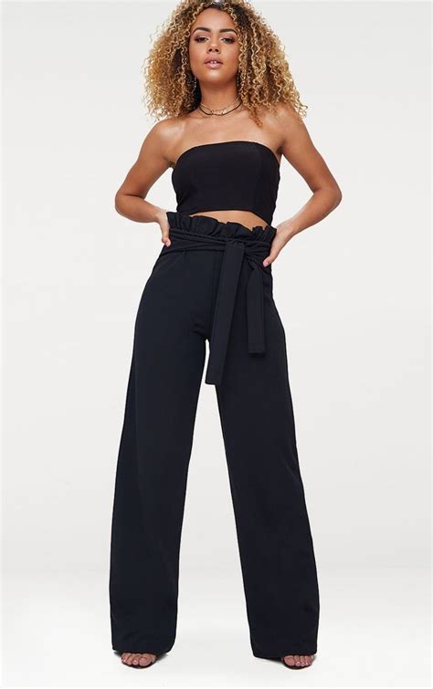 Black Crepe Paperbag Wide Leg Trousers Wide Leg Pants Black Wide Leg