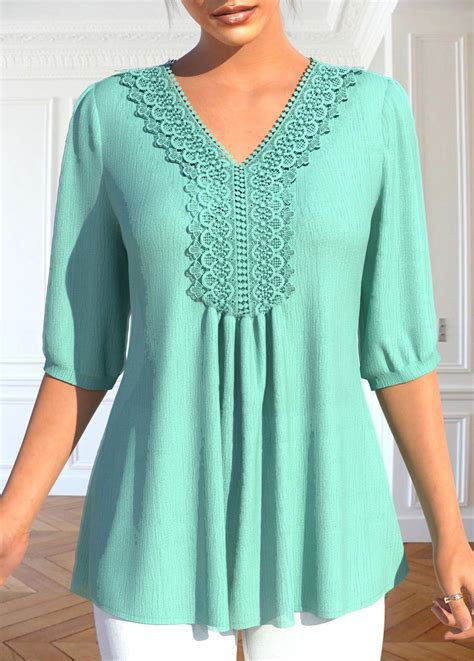 ROTITA Patchwork Lace Mint Green V Neck T Shirt Blouse Casual Fashion