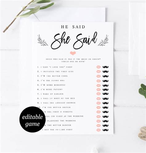 He Said She Said Bridal Shower Games Template Pink Heart Etsy