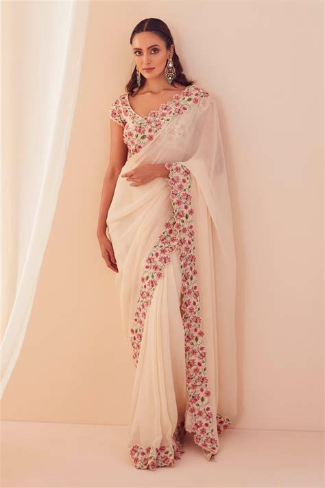 Buy L Effet By Sanjev Marwaaha White Floral Saree With Blouse Online