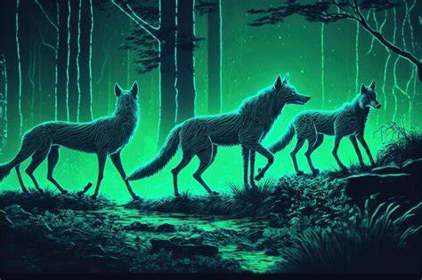 Premium Photo | Night scene of glowing wolves in the dark forest ...