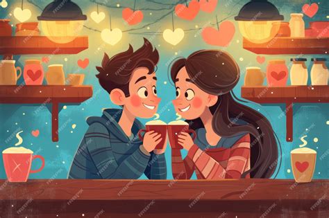 Tarjeta De San Valentín Una Pareja De Dibujos Animados Enamorada Bebiendo Café Con Corazones En