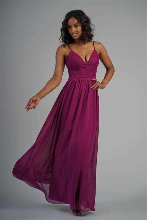 B213010 Lace And Poly Chiffon Long Bridesmaid Dress With V Neckline