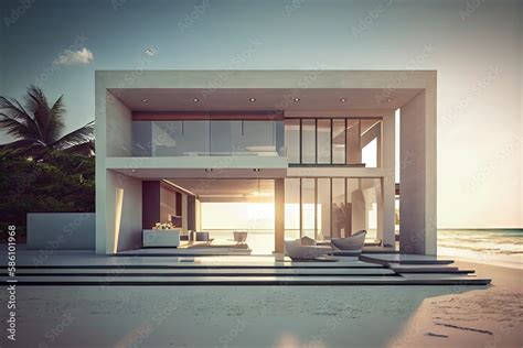 modern beachfront villa with sleek and minimalist interior design, featuring clean lines and ...