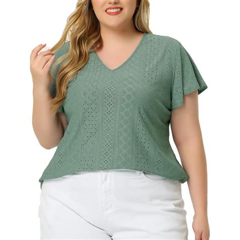 Agnes Orinda Womens Plus Size V Neck Hollow Flare Short Sleeve Top