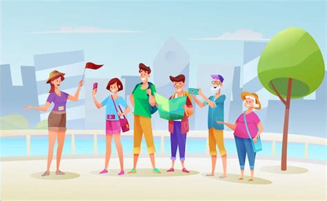 Premium Vector | Cartoon young and old tourists group at excursion with ...