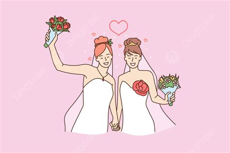 Same Sex Marriage Vector Hd Images Smiling Women Gay Couple In White Wedding Dresses Celebrate