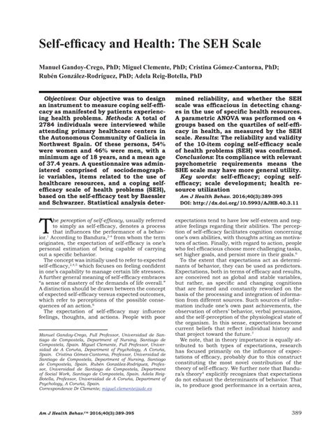 Pdf Self Efficacy And Health The Seh Scale