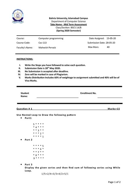 Bah Semester 1 Mid Paper Bahria University Islamabad Campus