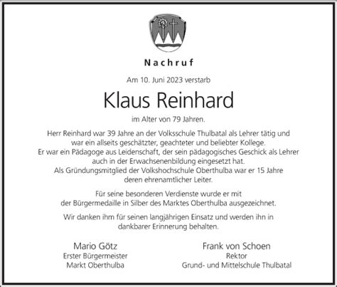 Klaus Reinhard Traueranzeige Trauer Infranken De