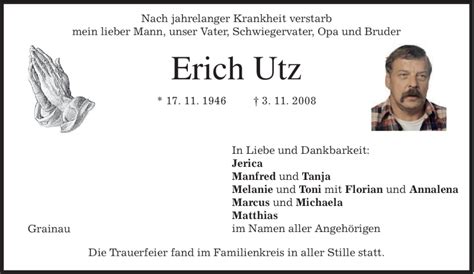 Traueranzeigen Von Erich Utz Trauer Merkur De