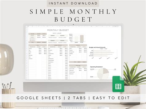 Simple Monthly Budget Spreadsheet Google Sheet Budget Etsy