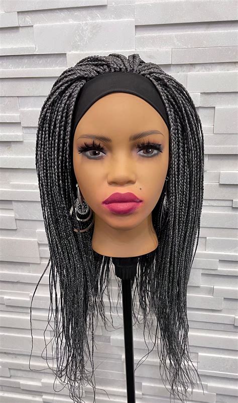 Salt And Pepper Grey African Style Headband Box Braids Silver Wig