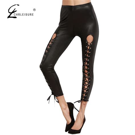 Chrleisure Women Sexy Bandage Leather Leggings Push Up Black Leggings