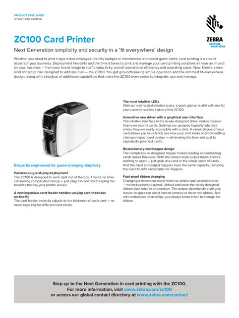 Fillable Online ZC100 Card Printer Specification Sheet Zebra