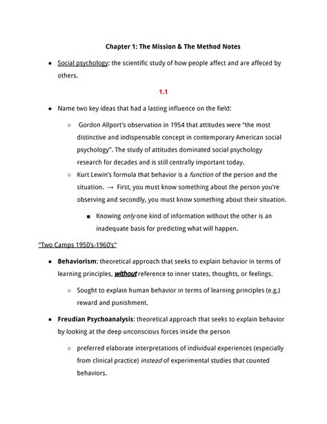 Ch 1 Social Psychology Chapter 1 The Mission And The Method Notes