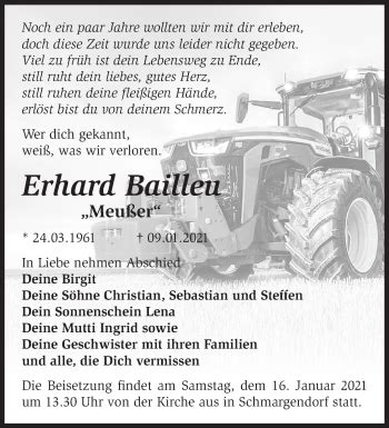 Traueranzeigen von Erhard Bailleu Märkische Onlinezeitung Trauerportal