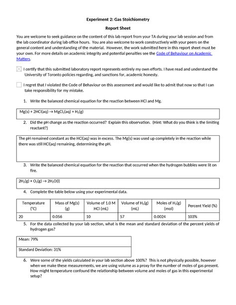 CHM135 Lab 2 Report Sheet 1 Experiment 2 Gas Stoichiometry Report