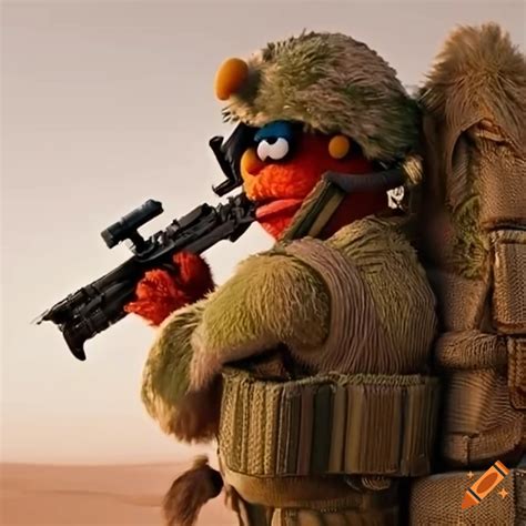 Elmo In Military Gear In The Desert On Craiyon