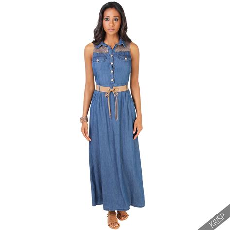 Femme Robe Longue Retro En Jean Paillettes Ou Imprim E Fleurs Ceinture