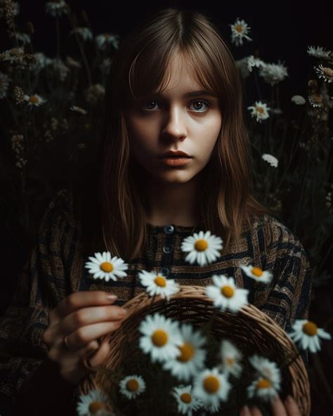 Premium AI Image Girl Holding A Basket Of Daisies In Garden Generative AI