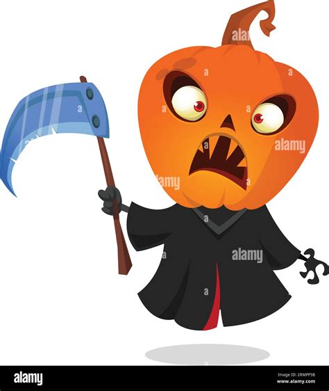 Grim Reaper Pumpkin Head Cartoon Character With Scythe Halloween Jack O Lantern Illustration