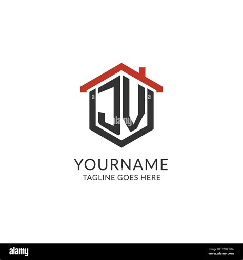 Initial Logo JV Monogram With Home Roof Hexagon Shape Design Simple