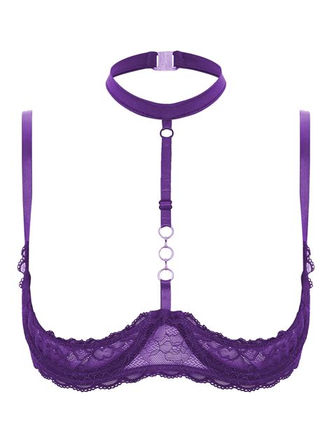 Inlzdz Womens Sexy Sheer Lace 1 4 Cup Bra Halter Underwire Brassiere