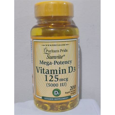 Puritans Pride Vitamin D3 Mega Potency D 125mcg 5000iu Softgel Sunlight