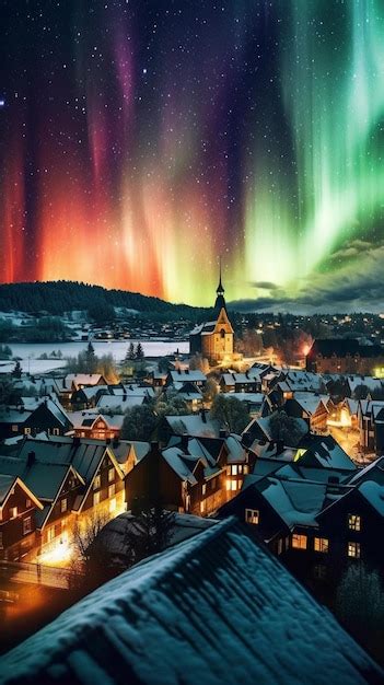 Premium AI Image | The aurora borealis over a small town in norway