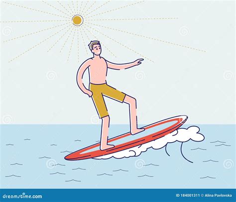 Surfer Man On Surf Board Riding Ocean Wave Young Cartoon Guy Standing