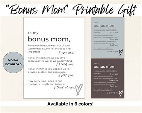 Bonus Mom Mum Printable T Christmas Birthday Mothers Day T For