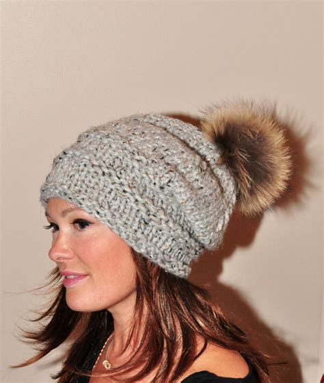 Pompom Beanie Fur Pompom Slouchy Beanie Hat Chunky Women Hat Etsy