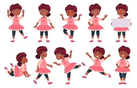 Premium Vector Cartoon African American Girl Character Poses Gestures And Expressions Vector Set