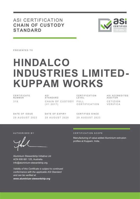 ASI Certifies Hindalco Industries Kuppam Works Against Chain Of