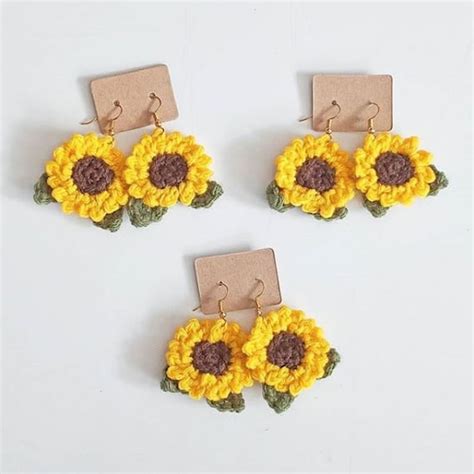 Crochet Sunflower Earrings Cute Flower Floral Jewellery Etsy