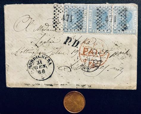 Italia Regno Regno 20 Cent Bigola Striscia X3 Bordighera 1868 Bustina