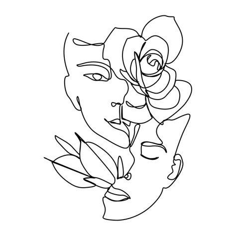 Womans Face In Single Line Art Style With Flowers And Leaves