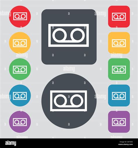 Audio Cassette Icon Sign A Set Of 12 Colored Buttons Flat Design