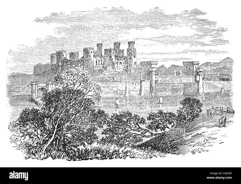 Old Engraved Illustration Of Conway Castle In North Wales Build By