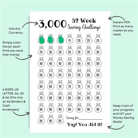 52 Week Saving Challenge Printable 3000 Money Challenge 1 Year Savings Challenge 3k Savings