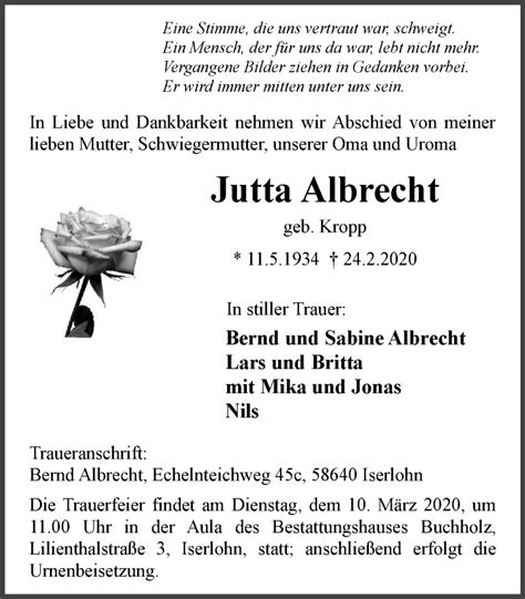 Traueranzeigen Von Jutta Albrecht Trauer In NRW De