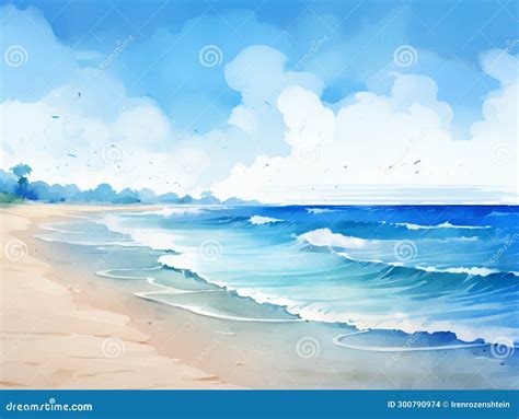 Watercolor Style Tropical Island Landscape Art Stock Illustration ...