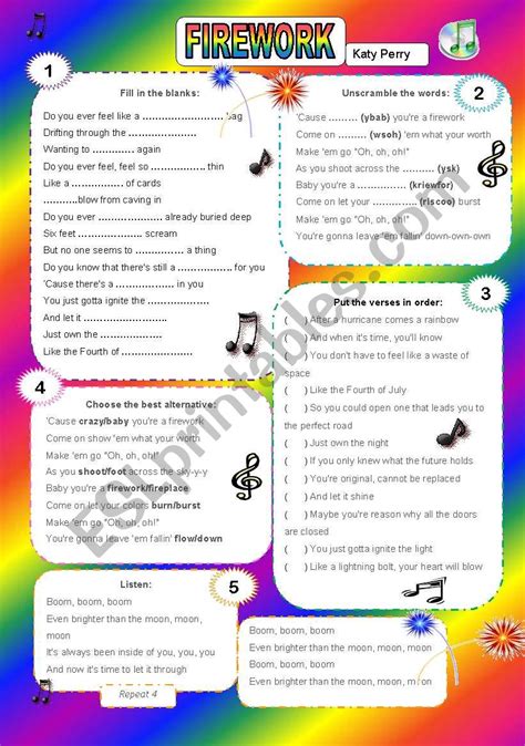 Listening Activity Firework Katy Perry Esl Worksheet By Agostine