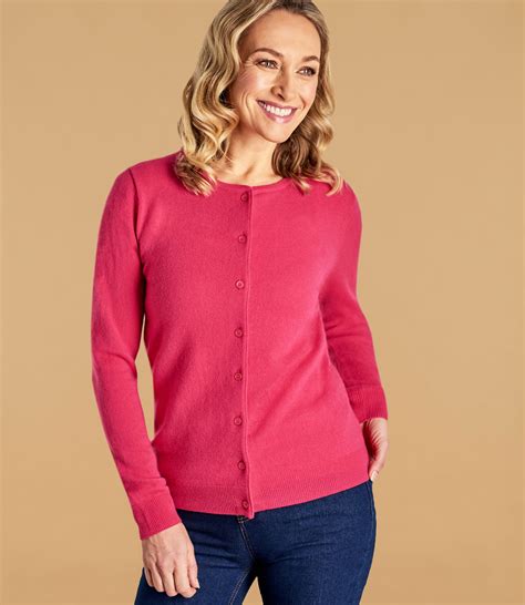 Fuchsia Pink Womens Cashmere Merino Classic Crew Neck Cardigan