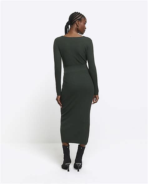 Khaki Rib Knot Bodycon Midi Dress River Island