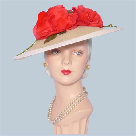 Vintage 1950s Wide Brim Straw Hat Red Roses Garden Party Fashioned By