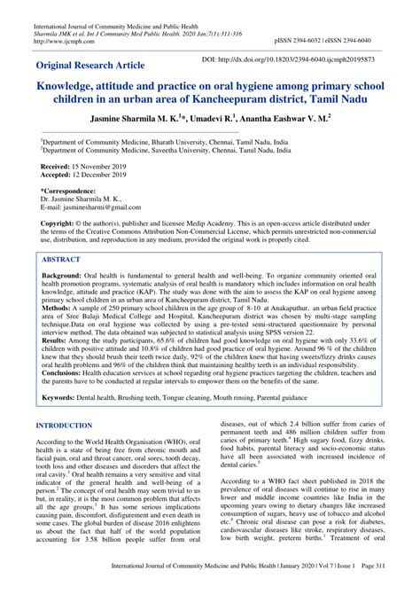 Pdf Knowledge Attitude And Practice On Oral Hygiene Among Primary