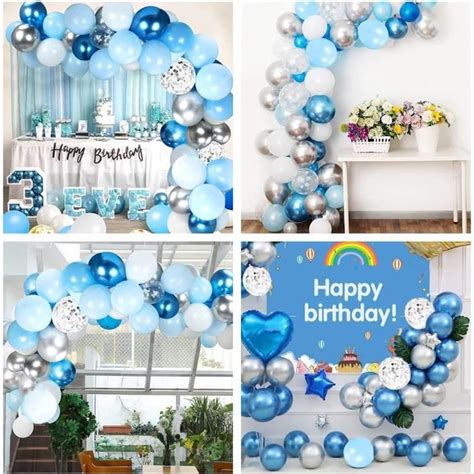 Ballon Bleu Blanc Argent 60Pcs Latex Ballons Bleu Pastel Blanc Avec