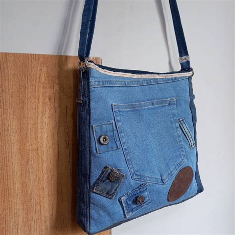 Unique Blue Handmade Denim Crossbody Bag Recycled Denim Patchwork